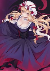 Rule 34 | 1girl, blonde hair, breasts, choker, cleavage, collarbone, corset, dress, elbow gloves, frilled choker, frills, gloves, hair between eyes, hair ribbon, hat, hat ribbon, highres, large breasts, long hair, looking at viewer, mob cap, momendoufu, puffy short sleeves, puffy sleeves, purple dress, red eyes, ribbon, short sleeves, solo, touhou, white gloves, yakumo yukari