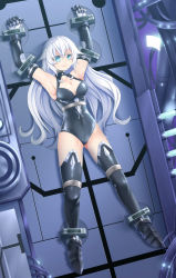 Rule 34 | 1girl, armpits, arms up, bare shoulders, bdsm, black heart (neptunia), black thighhighs, blue eyes, bodysuit, bondage, bound, breasts, bright pupils, cable, cleavage, cleavage cutout, clothing cutout, covered collarbone, female focus, frown, full body, glowing, halterneck, indoors, leotard, long hair, medium breasts, neptune (series), noire (neptunia), parted bangs, power symbol-shaped pupils, restrained, skin tight, solo, spread legs, stationary restraints, symbol-shaped pupils, thighhighs, thighs, v-shaped eyebrows, very long hair, wavy hair, white hair, yasume yukito