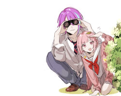 Rule 34 | 1boy, 1girl, brown footwear, cardigan, diagonal-striped clothes, diagonal-striped necktie, dress, kamishiro rui, long sleeves, multicolored hair, necktie, ootori emu, pink hair, project sekai, ribbon, sailor dress, sleeves rolled up, streaked hair, striped clothes, user usrv2234, white background, wonderlands x showtime (project sekai)