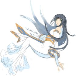 Rule 34 | 1girl, black hair, breasts, commentary request, detached sleeves, dress, full body, gensou suikoden, green eyes, jewelry, long hair, long sleeves, open mouth, solo, very long hair, viki (suikoden)
