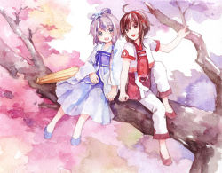 Rule 34 | 2girls, brown eyes, brown hair, cherry blossoms, dress, feng you, grey eyes, in tree, luo tianyi, multiple girls, pink hair, sitting, sitting in tree, tree, branch, umbrella, vocaloid, vsinger, yuezheng ling