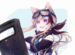 Rule 34 | 1girl, animal ear fluff, animal ears, arknights, ballistic shield, bare shoulders, cardigan (arknights), goggles, goggles on head, hiragi rin, medium hair, necktie, open mouth, red eyes, riot shield, round teeth, shield, simple background, smile, solo, teeth