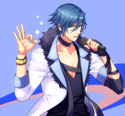 Rule 34 | 10s, 1boy, blue eyes, blue hair, bracelet, collar, fingerless gloves, gloves, ichinose tokiya, jewelry, male focus, matching hair/eyes, messy hair, microphone, minami (wakulyri), open mouth, short hair, simple background, single glove, solo, uta no prince-sama