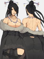 Rule 34 | 1girl, ass, bare shoulders, belt, braid, breasts, cleavage, dress, final fantasy, final fantasy x, fur trim, hair bun, hair ornament, hair over one eye, hair stick, highres, large breasts, lipstick, lulu (ff10), makeup, median furrow, mole, mole under mouth, multiple views, purple lips, simple background, smile, solo, toned, turnaround, yoracrab