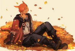 Rule 34 | 1boy, animal ears, autumn leaves, black footwear, black pants, boots, brown background, brown gloves, cat boy, cat ears, cat tail, commentary request, closed eyes, falling leaves, final fantasy, final fantasy xiv, fingerless gloves, full body, g&#039;raha tia, gloves, grbraku, highres, jacket, jewelry, leaf, male focus, miqo&#039;te, neck tattoo, necklace, open mouth, pants, red hair, red jacket, shirt, short hair, short sleeves, sitting, smile, solo, tail, tattoo, white shirt