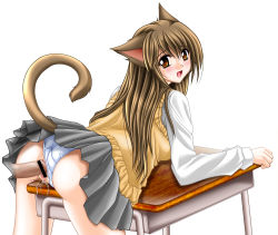 Rule 34 | 1girl, animal ears, bent over, blush, brown eyes, cat ears, cat girl, cat tail, censored, clothed sex, clothing aside, cum, cum in pussy, desk, disembodied penis, highres, long hair, looking back, on table, panties, panties aside, penis, pointless censoring, pussy juice, school uniform, sea lounge garden, serafuku, sex, simple background, skirt, solo focus, table, tail, tears, tomoya kankurou, underwear, upskirt, vaginal, vest, white background, white panties