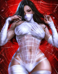 Rule 34 | 1girl, absurdres, black hair, breasts, brown eyes, cindy moon, covered erect nipples, eyelashes, hair over one eye, highres, leotard, logan cure, long hair, looking at viewer, marvel, navel, silk, silk (marvel), skin tight, solo, spider-man, spider-man (series), spider web, wide hips, wrapped up