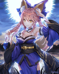 Rule 34 | 1girl, animal ears, blue ribbon, blue thighhighs, breasts, cleavage, detached sleeves, fate/grand order, fate (series), fox ears, fox tail, hair ribbon, japanese clothes, large breasts, light smile, outdoors, pink hair, ribbon, roang, solo, tail, tamamo (fate), tamamo no mae (fate/extra), thighhighs, yellow eyes