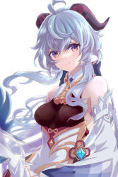 Rule 34 | 1girl, ahoge, bare shoulders, bell, blue hair, blush, bodystocking, breasts, chinese knot, detached sleeves, flower knot, ganyu (genshin impact), genshin impact, gold trim, highres, horns, long hair, looking at viewer, medium breasts, neck bell, osanpo1234, purple eyes, sidelocks, smile, solo, upper body, vision (genshin impact), white background, white sleeves
