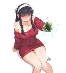 Rule 34 | 1girl, black hair, blush, bottle, breasts, broken bottle, cleavage, drunk, hairband, holding, holding bottle, invisible chair, jk arts, large breasts, long hair, no legwear, red eyes, red sweater, sitting, solo, spy x family, sweater, white background, white hairband, yor briar
