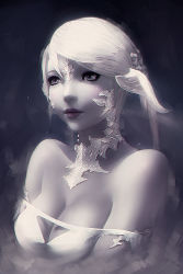 Rule 34 | 10s, 1girl, au ra, breasts, cleavage, final fantasy, final fantasy xiv, horns, large breasts, lips, monochrome, scales, short hair, silver hair, solo, soranamae, warrior of light (ff14)