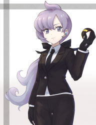 Rule 34 | 1girl, anabel (pokemon), black gloves, black jacket, black necktie, black pants, closed mouth, collared shirt, commentary request, cowboy shot, creatures (company), curly hair, earpiece, eyelashes, game freak, gloves, highres, holding, holding poke ball, ishikane aoi, jacket, long hair, necktie, nintendo, pants, poke ball, pokemon, pokemon sm, ponytail, purple eyes, purple hair, shirt, solo, thigh gap, ultra ball, white shirt