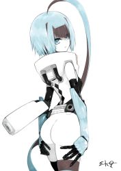 Rule 34 | 1girl, ahoge, android, ass, blue eyes, blue hair, brown hair, colored skin, commentary request, hands on thighs, huge ahoge, humanoid robot, looking at viewer, looking back, multicolored hair, original, parted lips, robot, short hair, signature, solo, thighhighs, tube, two-tone hair, user suzuko, white background, white skin