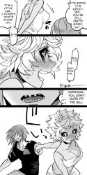 Rule 34 | 10s, 1boy, 1girl, arm behind back, arm grab, arms behind back, artist request, ashido mina, black sclera, blush, boku no hero academia, breasts, cleavage, closed mouth, colored sclera, comic, couple, embarrassed, english text, flustered, hair over eyes, hand grab, happy, horns, kirishima eijirou, large breasts, looking at another, looking away, messy hair, monochrome, open mouth, parted lips, sharp teeth, shirt, short hair, short sleeves, sitting, speech bubble, sweatdrop, t-shirt, talking, tank top, teeth, tongue, walking