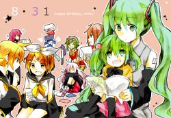 Rule 34 | 39, 3boys, 6+girls, aged down, bad id, bad pixiv id, blonde hair, blue hair, book, brown hair, character name, closed eyes, dated, detached sleeves, gift, goggles, goggles on head, green eyes, green hair, gumi, hair ornament, hair ribbon, hairclip, happy birthday, hatsune miku, ia (vocaloid), kagamine len, kagamine rin, kaito (vocaloid), kamui gakupo, long hair, megurine luka, meiko (vocaloid), multiple boys, multiple girls, one eye closed, open mouth, pink hair, purple hair, ribbon, shima (pikathu-love), short hair, sitting, sitting on lap, sitting on person, socks, twintails, very long hair, vocaloid, wink, yellow eyes