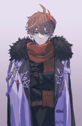 Rule 34 | 1boy, brown hair, coat, coat on shoulders, commentary request, crossed arms, earrings, fur-trimmed coat, fur trim, genshin impact, grey background, hair between eyes, highres, jewelry, long sleeves, looking at viewer, male focus, mask, mask on head, parted lips, ponpo321, red mask, red scarf, scarf, simple background, single earring, solo, tartaglia (genshin impact), upper body, white coat