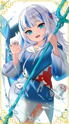 Rule 34 | 1girl, bloop (gawr gura), blue eyes, blue hair, blunt bangs, bubble, claw pose, collarbone, commentary request, drawstring, fins, fish tail, gawr gura, gawr gura (1st costume), hair ornament, highres, holding, holding weapon, hololive, hololive english, hood, hood down, inari (ambercrown), long hair, long sleeves, looking at viewer, multicolored hair, pocket, polearm, shark hair ornament, shark tail, sharp teeth, streaked hair, tail, teeth, trident, virtual youtuber, water, weapon, white background, white hair, wide sleeves