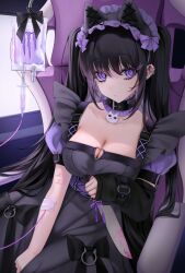 Rule 34 | 1girl, animal collar, asymmetrical sleeves, bandaid, bandaid on arm, black bow, black collar, black dress, black hair, blood, blood bag, bow, breasts, chair, cleavage, closed mouth, collar, collarbone, detached sleeves, dress, ear piercing, earrings, fake horns, frilled hairband, frills, frown, hair ornament, hairband, hairclip, highres, holding, holding knife, horns, jewelry, knife, large breasts, long hair, long sleeves, mismatched sleeves, monster energy, ompf, original, piercing, pink eyes, pink ribbon, puffy short sleeves, puffy sleeves, ribbon, scar, scar on arm, short sleeves, sitting, sleeves past wrists, solo, twintails, window