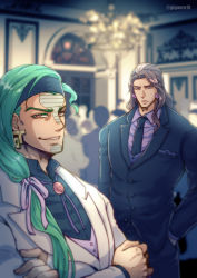 Rule 34 | 2boys, alternate color, alternate costume, alternate hairstyle, bad id, bad pixiv id, blue eyes, brown hair, crossed arms, earrings, facial mark, formal, giga omega, green hair, hair down, hair ribbon, headband, jewelry, jojo no kimyou na bouken, long hair, low-tied long hair, male focus, multiple boys, necktie, red eyes, red hair, ribbon, suit, tattoo, terence t. d&#039;arby, vanilla ice, white hair