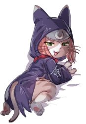 Rule 34 | :3, animal ears, animal hood, bare legs, barefoot, bow (bhp), cat ears, cat hood, cat tail, colored sclera, from behind, full body, furry, furry female, green eyes, hood, hood up, long sleeves, looking at viewer, looking back, monster hunter (series), monster hunter stories 2, pink hair, purple robe, robe, simple background, smile, solo, tail, tsukino (monster hunter), whiskers, white background, yellow sclera