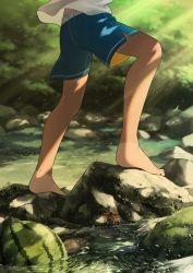 Rule 34 | 1boy, barefoot, child, climbing, crab, day, faceless, faceless male, food, fruit, lower body, morning, noeyebrow (mauve), original, outdoors, rock, scenery, shorts, shorts tan, solo, standing, stream, sunlight, tan, tanline, textless version, walking, watermelon