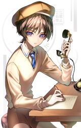 Rule 34 | 1boy, absurdres, beret, blue necktie, brown hair, brown hat, brown shorts, collared shirt, eyeliner, genshin impact, hat, highres, holding, holding pen, holding phone, long sleeves, makeup, male focus, necktie, nero hanken, paper, parted lips, pen, phone, purple eyes, red eyeliner, scaramouche (genshin impact), shirt, short hair, shorts, sitting, solo, sweater, teeth, white shirt, yellow sweater