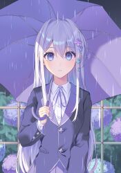 Rule 34 | 1girl, absurdres, blazer, blue eyes, breasts, bush, buttons, collared shirt, commentary request, fence, floral background, flower, hair between eyes, hair intakes, hair ornament, hand up, highres, holding, holding umbrella, jacket, kurobikari, lapels, long hair, looking at viewer, neck ribbon, notched lapels, original, outdoors, parted lips, pleated skirt, pocket, purple flower, purple jacket, purple ribbon, purple skirt, purple theme, rain, ribbon, school uniform, shirt, skirt, sleeve cuffs, sleeves past elbows, small breasts, solo, standing, straight-on, straight hair, umbrella, upper body, very long hair, white hair, white shirt, wing collar