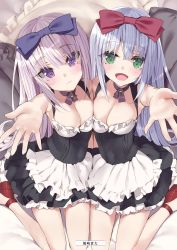 Rule 34 | 10s, 2girls, :d, airi (alice or alice), alice or alice, apron, artist name, bed sheet, black skirt, blue bow, blue hair, bow, breast press, breasts, choker, cleavage, from above, green eyes, hair between eyes, hair bow, head tilt, highres, layered skirt, long hair, looking at viewer, looking up, medium breasts, miniskirt, multiple girls, open mouth, pillow, pleated skirt, purple eyes, purple ribbon, red bow, red footwear, ribbon, ribbon choker, rise (alice or alice), shiny skin, siblings, silver hair, sisters, skirt, sleeveless, smile, symmetrical docking, tsurusaki takahiro, twins, very long hair, white apron