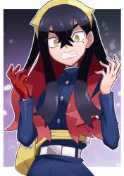 Rule 34 | 1girl, belt, belt buckle, black hair, blue jacket, blue pants, border, buckle, buttons, carmine (pokemon), clenched teeth, commentary request, creatures (company), crossed bangs, eyelashes, fanny pack, game freak, gloves, hair between eyes, hairband, hands up, highres, jacket, long hair, long sleeves, looking at viewer, mole, mole under eye, nintendo, outline, pants, pokemon, pokemon sv, purple background, red gloves, single glove, solo, teeth, usoco, white belt, white border, yellow bag, yellow eyes, yellow hairband, zipper pull tab