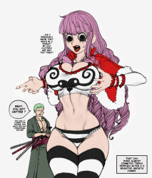 Rule 34 | 1girl, black panties, black thighhighs, breasts, cleavage, curvy, english text, eyelashes, flat color, grey background, highres, large breasts, long hair, narrow waist, one piece, panties, perona, pink hair, roronoa zoro, simple background, striped clothes, striped panties, striped thighhighs, the golden smurf, thick thighs, thighhighs, thighs, translated, twintails, underwear, unfinished, white panties, white thighhighs, wide hips