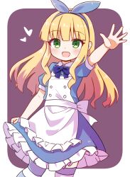 Rule 34 | 1girl, :d, alice in wonderland, apron, arm up, blonde hair, blue bow, blue dress, blue hairband, blue ribbon, blush, border, bow, collared dress, dress, frilled apron, frilled dress, frills, green eyes, hair ribbon, hairband, heart, highres, long hair, looking at viewer, open mouth, original, puffy short sleeves, puffy sleeves, purple background, ribbon, short sleeves, smile, solo, striped clothes, striped thighhighs, thighhighs, tsukimi shokudouki, very long hair, white apron, white border, yukinagi