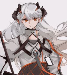 Rule 34 | 1girl, arknights, black skirt, dragon horns, earclip, floating hair, grey background, grey hair, grey shirt, highres, holding, holding shield, horns, id card, long hair, looking at viewer, mmm ma pmpm, orange eyes, saria (arknights), shield, shirt, simple background, skirt, solo, upper body, v-shaped eyebrows, very long hair