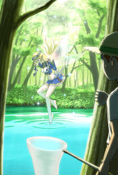 Rule 34 | 1boy, 1girl, barefoot, blonde hair, butterfly net, fairy, fairy wings, floating, floating hair, flower, flower wreath, forest, hand net, hat, head wreath, highres, holding, holding sandals, holding shoes, long hair, mankappa, midriff, nature, original, pointy ears, sandals, unworn sandals, shoes, unworn shoes, skirt, smile, sparkle, standing, standing on liquid, tree, water, wings