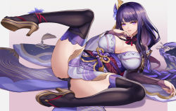 Rule 34 | 1girl, bare shoulders, braid, breasts, cleavage, detached collar, genshin impact, hair ornament, highres, japanese clothes, kacyu, kimono, large breasts, long hair, long sleeves, looking at viewer, low-braided long hair, low-tied long hair, lying, mole, mole under eye, obi, off shoulder, parted lips, purple eyes, purple hair, purple kimono, purple thighhighs, raiden shogun, sash, shrug (clothing), solo, spread legs, thighhighs, wide sleeves