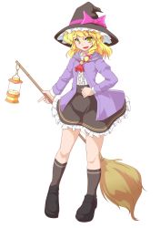 Rule 34 | 1girl, bad id, bad pixiv id, blonde hair, bow, broom, full body, hat, highres, kanenoya, kirisame marisa, kneehighs, lantern, pink bow, shoes, short hair, skirt, smile, socks, solo, sweater, the last comer, touhou, transparent background, white background, witch hat, yellow eyes