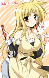 Rule 34 | 10s, 1girl, apron, bare shoulders, blonde hair, blush, bow, breasts, cleavage, collarbone, endori, fate testarossa, hair bow, heart, ladle, large breasts, long hair, long sleeves, low-tied long hair, lyrical nanoha, mahou shoujo lyrical nanoha vivid, red eyes, smile, solo, spoken heart, sweater, twitter username