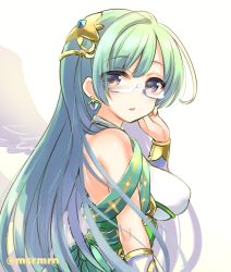Rule 34 | 1girl, bad id, bad pixiv id, bare shoulders, breasts, character request, dress, feathered wings, glasses, gradient background, green dress, green hair, hair ornament, hand up, large breasts, long hair, mashiro miru, monster strike, parted lips, purple eyes, solo, twitter username, very long hair, white background, wings, yellow background