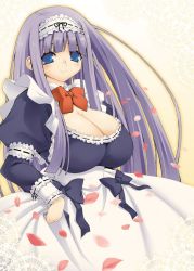 Rule 34 | 1girl, blue eyes, bow, bowtie, breasts, cleavage, hotori (sion), huge breasts, long hair, maid, petals, purple hair, ribbon, smile, solo