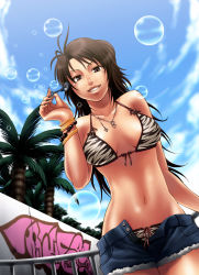 Rule 34 | 1girl, bad id, bad pixiv id, bikini, bikini top only, breasts, brown eyes, brown hair, bubble, chiba toshirou, cleavage, day, graffiti, large breasts, lips, long hair, navel, original, palm tree, shorts, solo, swimsuit, tree, unbuttoned
