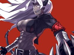 Rule 34 | 1girl, abs, armband, bad id, bad pixiv id, belt, black horns, breasts, colored skin, commentary, dark-skinned female, dark skin, demon girl, demon horns, demon tail, from side, gauntlets, grey skin, helltaker, horns, jacket, judgement (helltaker), large breasts, long hair, looking at viewer, muscular, navel, parted bangs, red background, segmented horns, sharp teeth, simple background, smile, solo, tail, teeth, ub1mo, white eyes, white hair