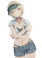 Rule 34 | badge, black bra, black panties, blonde hair, blue shorts, blush, bra, breasts, button badge, cleavage, collarbone, commentary, crossed arms, denim, denim shorts, eitopondo, eyebrows, highres, idolmaster, idolmaster shiny colors, jewelry, looking at viewer, midriff, navel, necklace, open clothes, open shirt, panties, parted lips, purple eyes, saijo juri, shirt, short hair, short sleeves, shorts, simple background, small breasts, solo, sweat, thighs, thong, tied shirt, underwear, visor cap, white background, white shirt, wristband