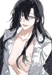 1girl alize_w00 black_hair breasts character_request collarbone collared_shirt commentary commission highres long_hair looking_at_viewer medium_breasts no_bra open_clothes open_shirt original parted_lips portrait shirt smile solo teeth very_long_hair vgen_commission white_background white_shirt