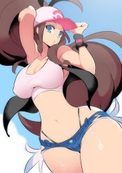 Rule 34 | 1girl, antenna hair, bare shoulders, baseball cap, belly, blue eyes, breasts, brown hair, cleavage, creatures (company), crop top, denim, denim shorts, game freak, hat, highres, hilda (pokemon), large breasts, long hair, looking at viewer, micro shorts, nac000, narrow waist, navel, nintendo, parted lips, pokemon, pokemon bw, ponytail, shirt, short shorts, shorts, sky, solo, stomach, tank top, thick thighs, thighs, thong, very long hair, white shirt, wide hips, wristband