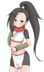 Rule 34 | 1girl, asymmetrical bangs, bike shorts, black eyes, black hair, black shorts, blush, closed mouth, commentary request, cowboy shot, crop top, detached sleeves, forehead, green sleeves, high ponytail, highres, kunoichi tsubaki no mune no uchi, long hair, long sleeves, looking at viewer, navel, ponytail, puffy long sleeves, puffy sleeves, red scarf, ribbed sleeves, scarf, short shorts, short sleeves, shorts, simple background, sleeves past wrists, solo, standing, sweat, tsubaki (kunoichi tsubaki no mune no uchi), very long hair, white background, yakihebi