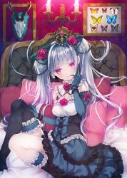 Rule 34 | 1girl, asymmetrical legwear, breasts, bug, butterfly, candle, crown, dress, elbow gloves, flower, frilled dress, frills, gloves, gothic lolita, highres, bug, large breasts, lolita fashion, long hair, looking at viewer, namanie, original, red eyes, rose, silver hair, smile, solo, thighhighs, twintails, uneven legwear