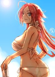 Rule 34 | 10s, 1girl, ahoge, ass, back, bare shoulders, bikini, blue eyes, breasts, butt crack, dimples of venus, fate/extra, fate (series), francis drake (fate), large breasts, long hair, looking at viewer, looking back, pink hair, scar, smile, solo, sun, swimsuit