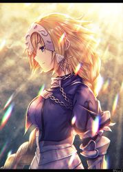 Rule 34 | 1girl, blonde hair, blue eyes, braid, breasts, capelet, chain, closed mouth, cloud, cloudy sky, collar, corset, day, fal (fal-se-0), fate/apocrypha, fate/grand order, fate (series), from side, gauntlets, jeanne d&#039;arc (fate), jeanne d&#039;arc (ruler) (fate), light rays, long hair, looking away, medium breasts, profile, single braid, sky, smile, solo, sunbeam, sunlight, twitter username, underbust, upper body, very long hair