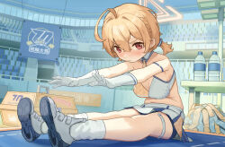 Rule 34 | 1girl, absurdres, ahoge, bike shorts, bike shorts under skirt, blonde hair, blue archive, blush, breasts, cleavage, gloves, highres, kotori (blue archive), kotori (cheer squad) (blue archive), looking at viewer, medium breasts, miniskirt, pom pom (cheerleading), red eyes, shijiuuuuuuu, short ponytail, skirt, socks, solo, stretching, tearing up, white gloves, white socks