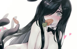 1girl animal_ear_hairband animal_ears aria_wintermint black_bow black_bowtie black_hair black_hairband bow bowtie breasts carrot commentary crying crying_with_eyes_open detached_collar fake_animal_ears food_in_mouth green_eyes hair_over_one_eye hairband heart large_breasts leotard long_hair nude out-of-frame_censoring paid_reward_available parororo playboy_bunny rabbit_ear_hairband rabbit_ears simple_background solo surrounded tears the_crawling_city thighhighs upper_body white_background