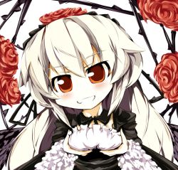 Rule 34 | 00s, 1girl, bad id, bad pixiv id, blush, grabbing another&#039;s breast, breasts, dress, flower, frills, grabbing, grin, hairband, kurokoge013, long hair, red eyes, rose, rozen maiden, smile, solo, suigintou, white hair